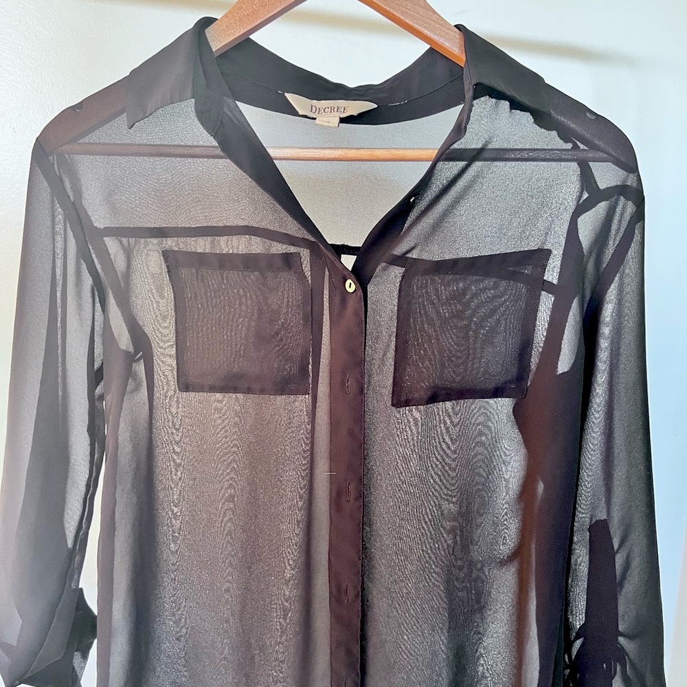 Black Decree Sheer Button Down Blouse